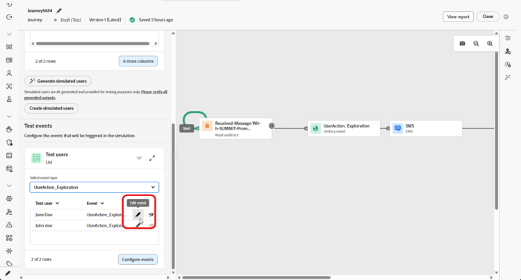 Interfaccia di configurazione degli eventi con campi e elenco a discesa per la selezione degli eventi
