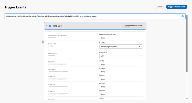 Interfaccia di configurazione degli eventi con campi e elenco a discesa per la selezione degli eventi