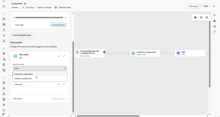 Interfaccia di configurazione degli eventi con campi e elenco a discesa per la selezione degli eventi