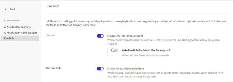Pagina Impostazioni hub live