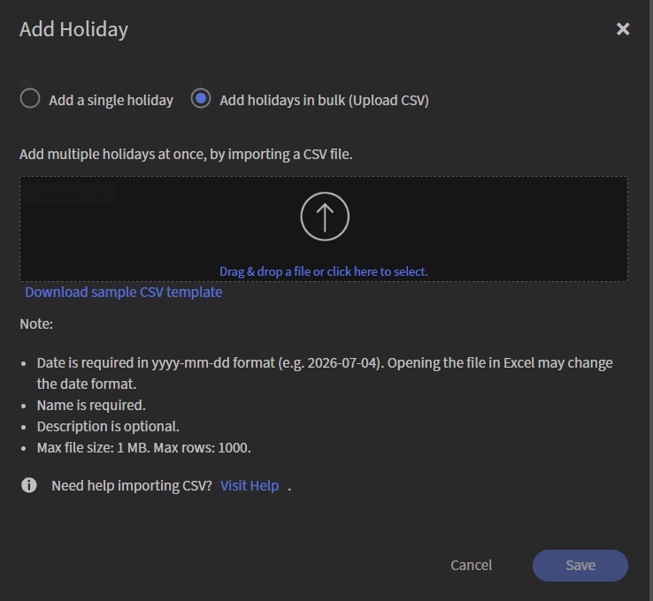 Caricamento In Blocco Di File Csv Per Festività