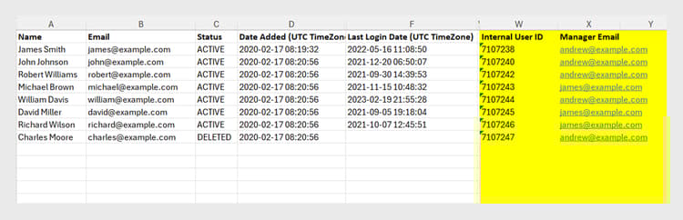 Report utente che mostra le colonne e-mail ID utente interno e Manager evidenziate in giallo