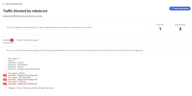 vista robots.txt con direttive di blocco evidenziate