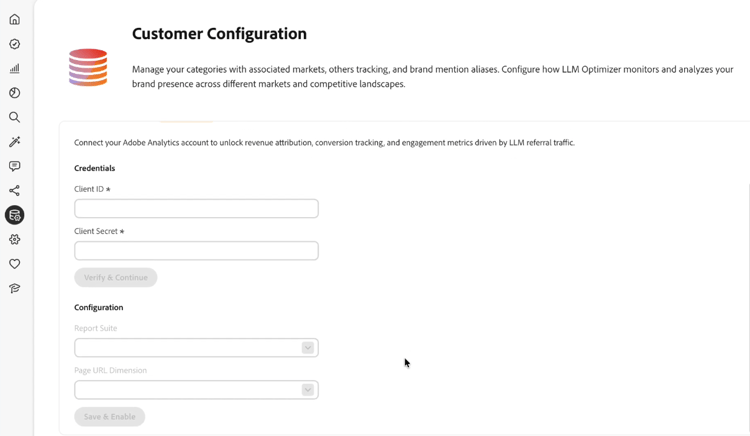 Configurazione del cliente, scheda Analytics