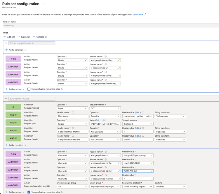 Set di regole EORouting che mostra le regole di stripping dell'intestazione e di routing dei bot