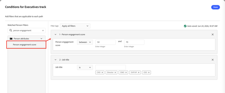 Filtro dell'engagement della persona per una condizione di percorso diviso