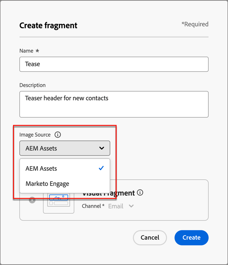 Seleziona AEM Assets come origine immagine nella finestra di dialogo per la creazione
