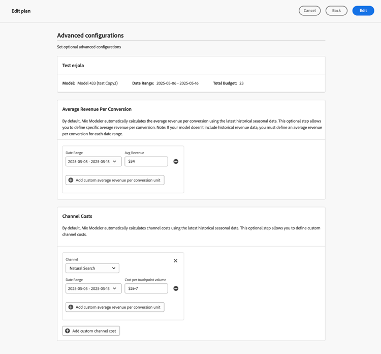 Modifica configurazione avanzata