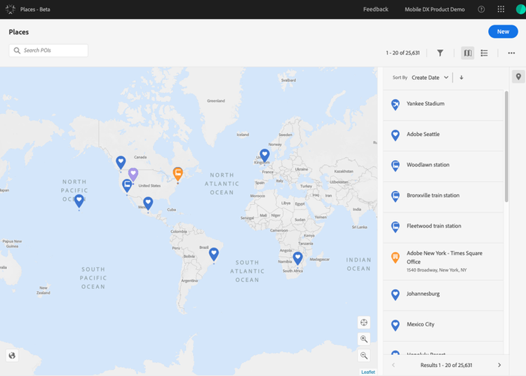 Interfaccia utente di gestione punti di interesse di Places Service