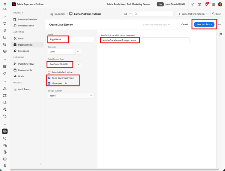 Crea un elemento dati per il nome pagina