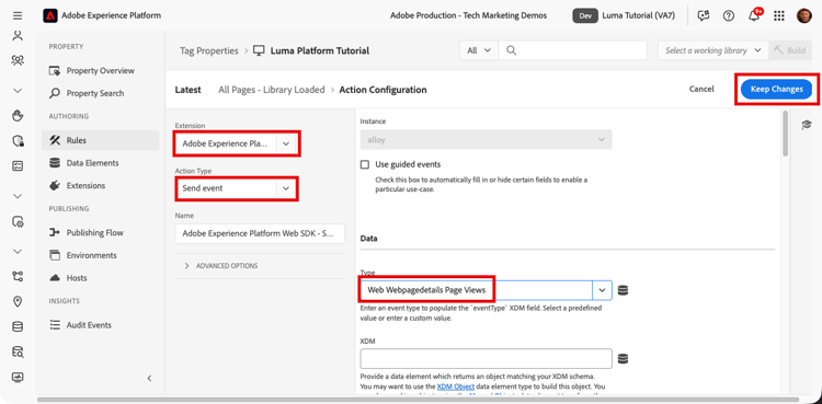 Aggiungi azione Invia evento