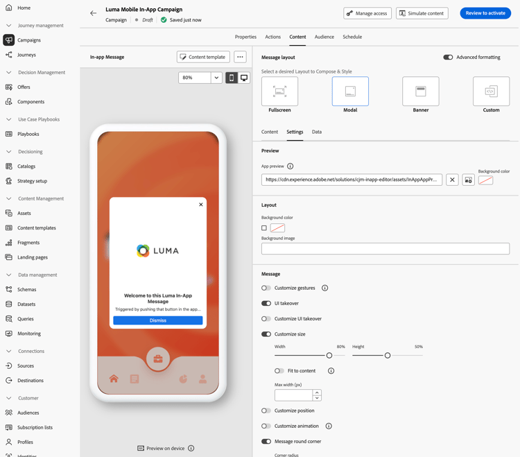 Impostazioni messaggi in-app