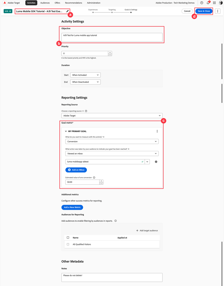 Impostazioni obiettivi