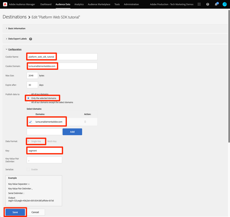 Sezione Configurazione di destinazione Audience Manager