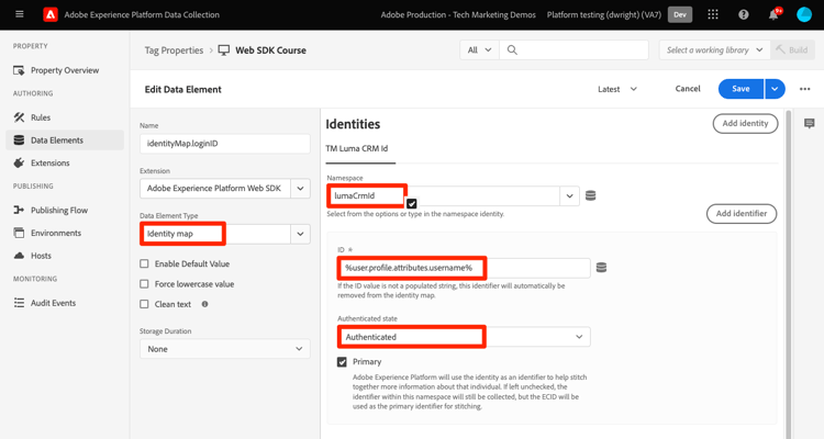 Elemento dati Identity Map che acquisisce l'ID cliente