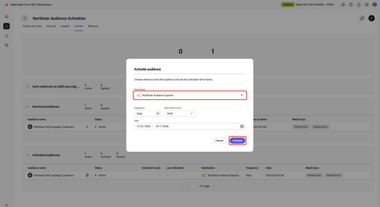 Esempio della finestra di dialogo Attiva pubblico manuale per i clienti Northstar Fall Campaign, con le esportazioni di pubblico Northstar selezionate e una pianificazione giornaliera, un'ora di inizio e un intervallo di date configurati.