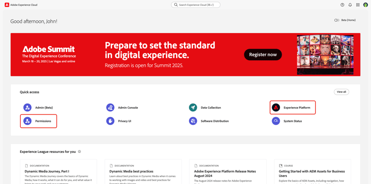Vista Home di Experience Cloud con Experience Platform e Autorizzazioni evidenziati.