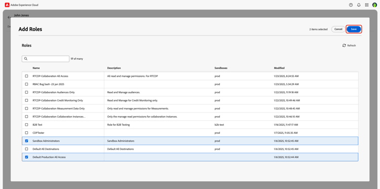 Finestra di dialogo Aggiungi ruoli con gli amministratori predefiniti di tutti gli accessi alla produzione e delle sandbox selezionati e Salva evidenziato.
