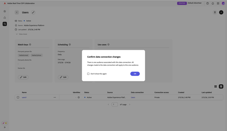 Finestra di dialogo di conferma che indica che eventuali modifiche alla connessione dati verranno applicate a tutti i tipi di pubblico associati.