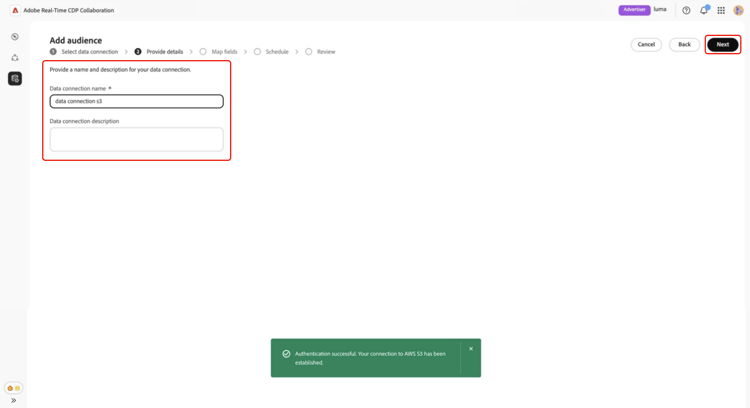 Modulo dei dettagli della connessione dati con campi per il nome e la descrizione della connessione.