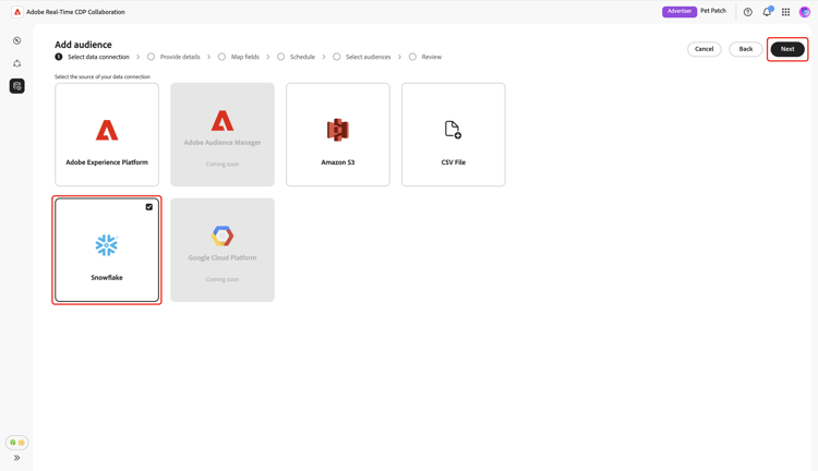 Schermata di selezione della connessione dati con Snowflake disponibile come opzione selezionabile.