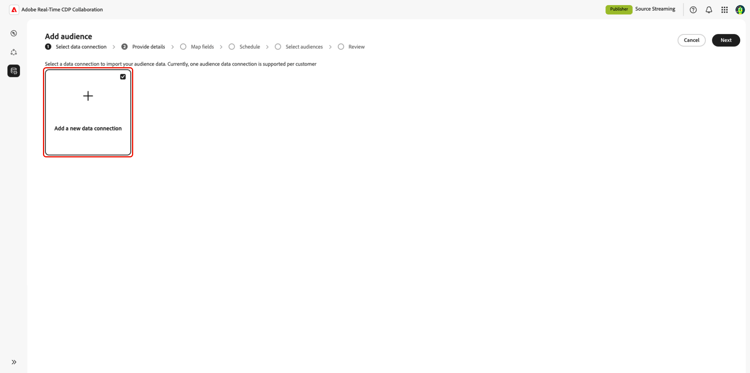 L'area di lavoro Aggiungi tipi di pubblico con l'opzione Aggiungi una nuova connessione dati evidenziata.