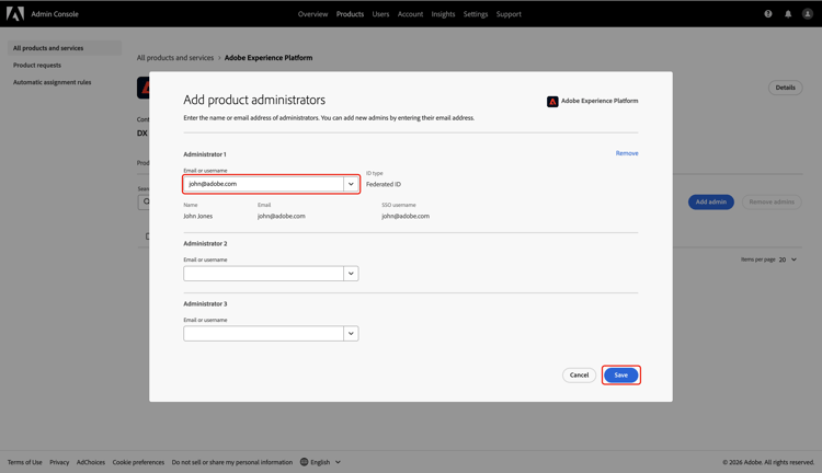 Nella finestra di dialogo Aggiungi amministratori di prodotto vengono visualizzate le informazioni dell'account e l'opzione Salva evidenziata.