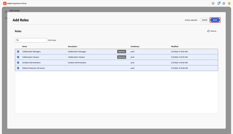 Add Roles dialog displays the roles selected and the Save option highlighted.