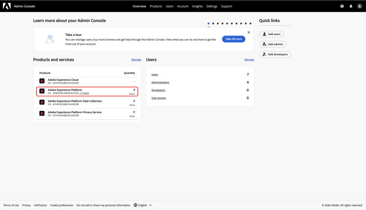 Area di lavoro Admin Console con il prodotto Adobe Experience Platform evidenziato.