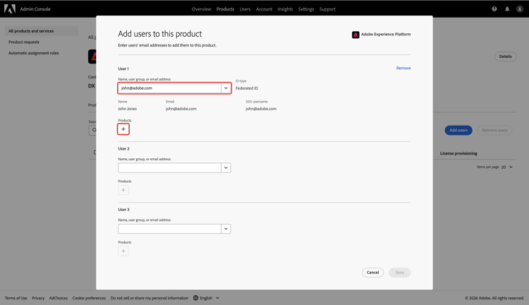 Add users to this product dialog displays your account's information and the Products option highlighted.