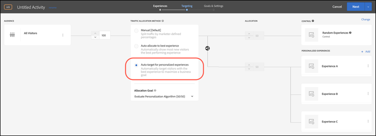 Opzione Targeting automatico per esperienze personalizzate