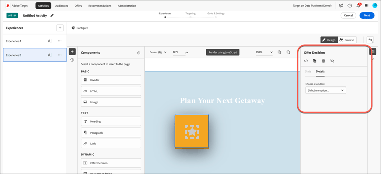 Elenchi a discesa Sandbox e Posizionamenti nella finestra di dialogo Aggiungi decisione offerta
