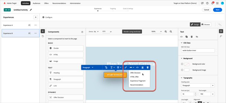 Menu Opzioni nel Compositore esperienza visivo