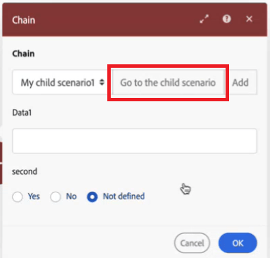 Pulsante Vai allo scenario figlio