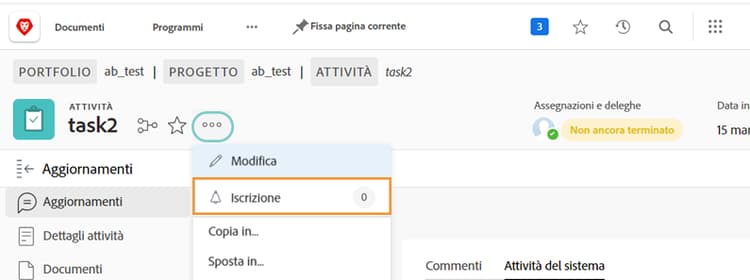 Opzione Iscrizione nel menu dell’attività