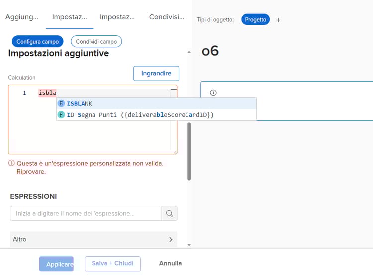 Messaggio di errore senza maiuscole nel nome dell’espressione