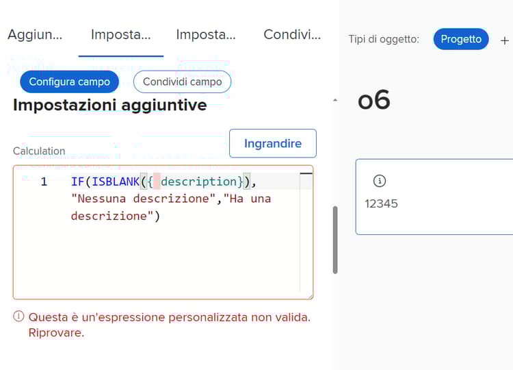 Errore relativo alla spaziatura tra il nome del campo e la parentesi graffa
