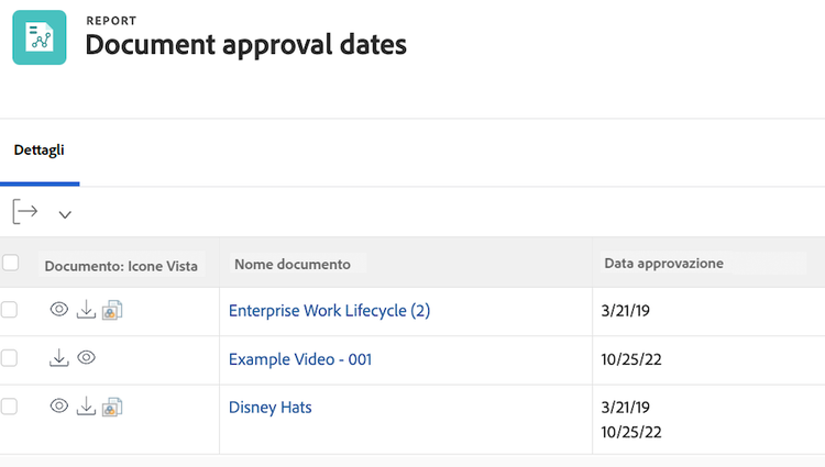 Immagine della schermata che mostra la visualizzazione delle date di approvazione del documento