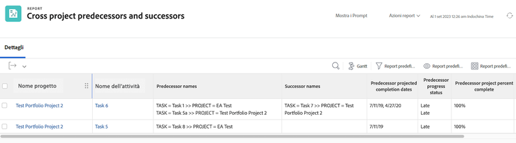 Immagine della schermata che mostra la vista predecessori e successori in altri progetti