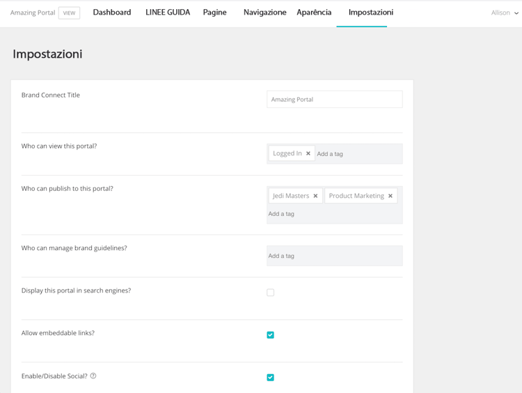 Schermata del pannello Impostazioni di Brand Connect