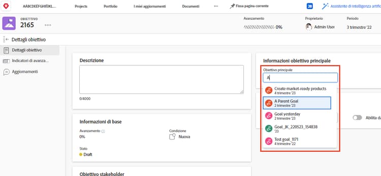 Schermata del pannello Dettagli obiettivo contenente il pannello Informazioni obiettivo principale
