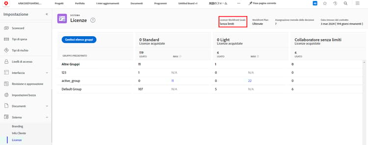 Schermata con il numero di licenze di Workfront Goals nell’area Impostazioni di Workfront