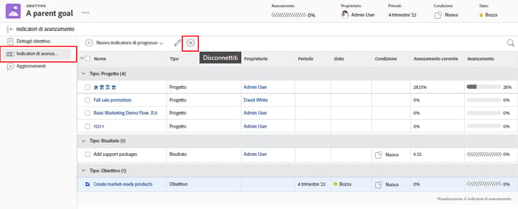 Schermata dell’opzione Rimuovi allineamento in Workfront Goals