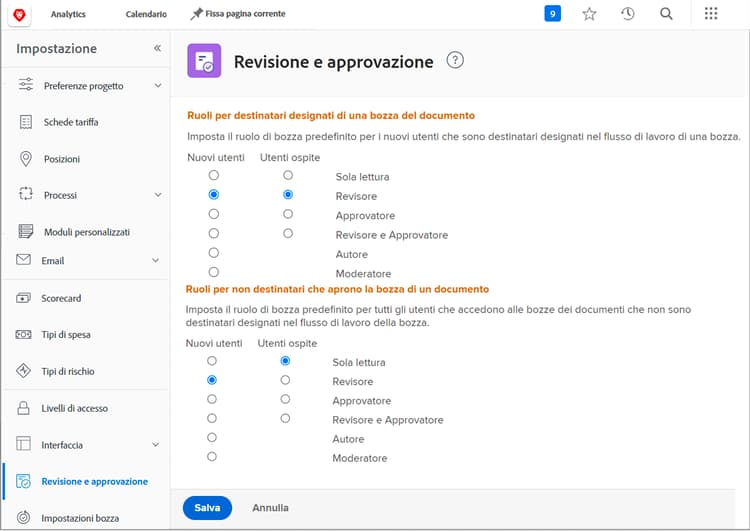Impostazioni di revisione e approvazione in Workfront