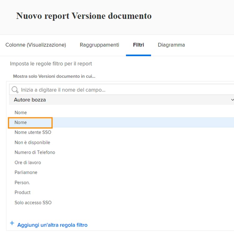 Scheda Filtri in Report Builder