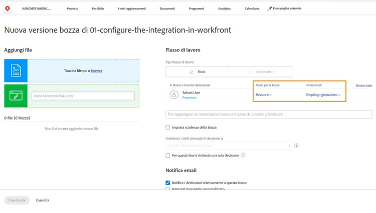 Un’immagine della finestra Nuova bozza con Ruolo bozza e le colonne Avvisi e-mail evidenziate.