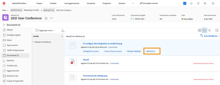 Immagine della sezione Documenti disponibile in un’ Workfrontattività con il collegamento Apri bozza evidenziato.
