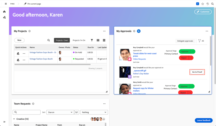 Immagine del widget Approvazioni personali in Workfront Home.