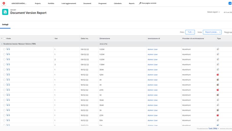 Immagine di un rapporto sulla versione del documento in Workfront.
