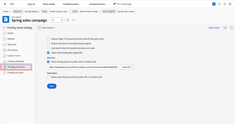 Immagine delle Impostazioni Proofing Viewer dalla pagina della bozza con l’opzione Impostazioni Proofing Viewer evidenziata nel menu del pannello a sinistra.